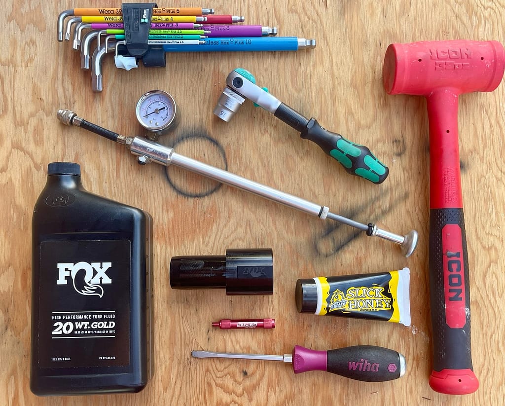 Some of the tools you'll need to performance a lowers service on a mountain bike suspension fork.